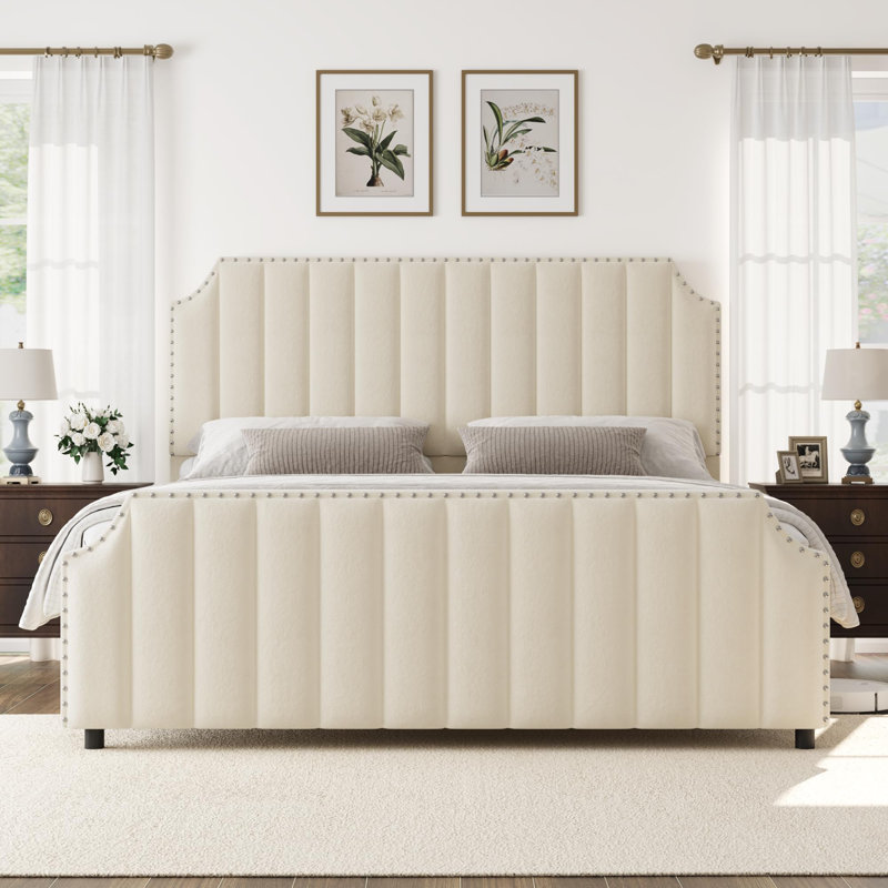 King Platform Bed Frame, Upholstered Bed Frame with Headboard and Footboard, King Size Bed Frame with Strong Wooden Slats Support, No Box Spring Required Bed Frame