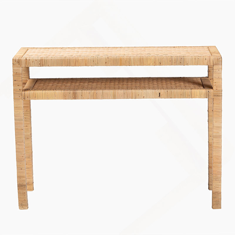 Console bohémienne en rotin naturel et bois d'acacia avec tablette ouverte, vestibules et salons