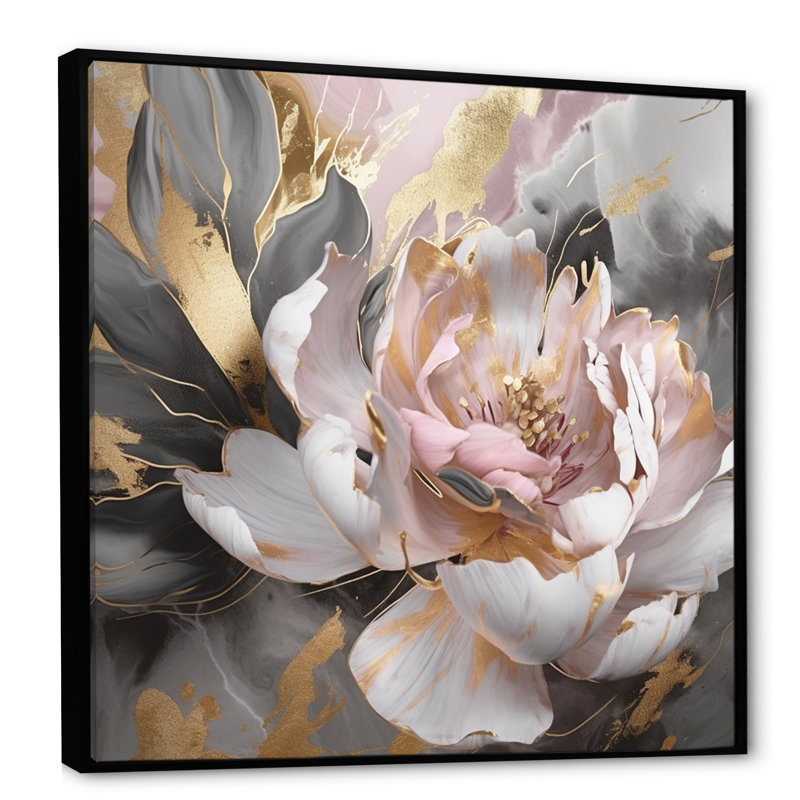 Marbre rose doré, pivoine fleur IV - Abstrait marbré, impressions sur toile, H 24 po x l 24 po, Cadre flottant noir