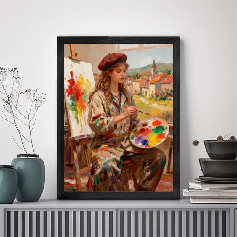 Art encadré noir, peinture à l'huile, art mural rétro, H 25 po x l 17 po