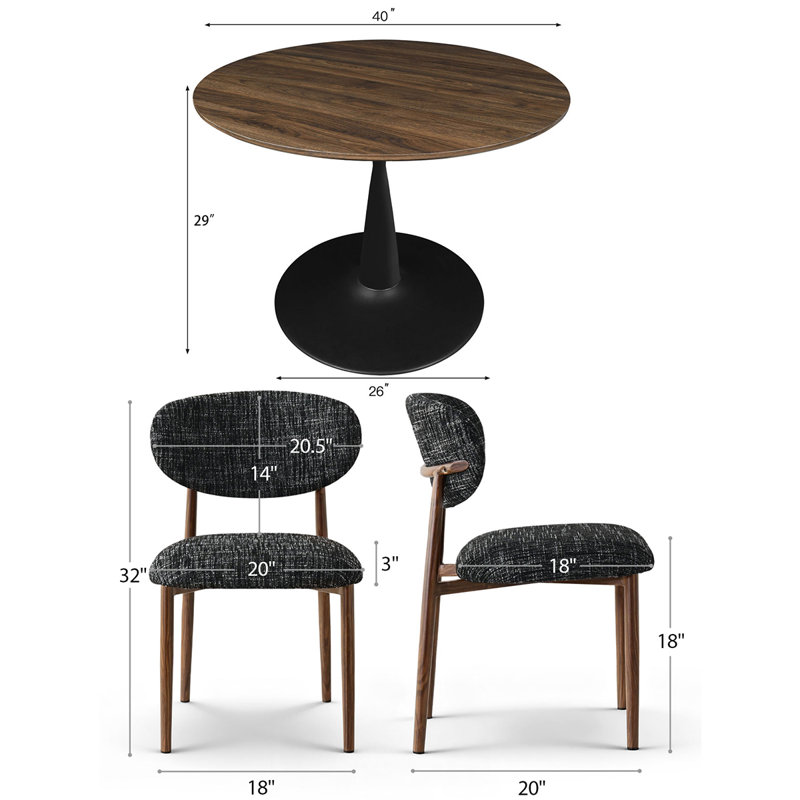 40" Modern Round Dining Table Set With Upholstered Chairs, 5-Piece Wood Top & Metal Frame Kitchen Set, Black