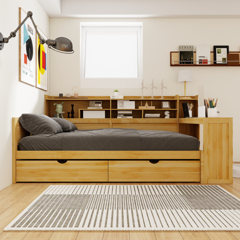 Multi-Functional Daybed With Two Storage Drawers And Study Desk, Natural, Full/Double