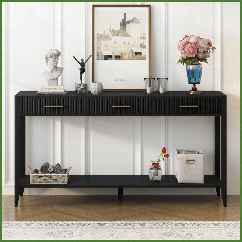 Table basse Farmhouse 60 po avec 3 tiroirs, finition laquée facile à nettoyer pour le salon, beaucoup de rangement Conception stable