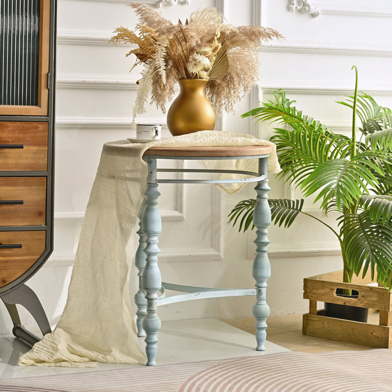 Table basse ronde rustique en bois sculpté, facile à assembler (51 cm), avec plateau rond en bois et pieds en métal, idéale pour le salon.