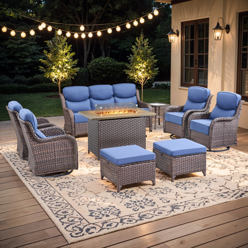 Prunier 9-Piece Outdoor Wicker Patio Conversation Set With Rectangle Fire Pit, 3-Seat Sofa, Ottomans, 4 Swivel Gliders And Side Table