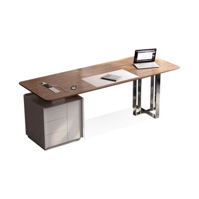 Nut-brown+Beige Rectangular Manufactured Wood+Stainless Steel with 3 Drawers Desk
