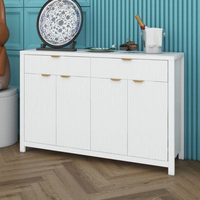 Buffet moderne à motif ondulé, 4 portes et 2 tiroirs, 3 tablettes réglables, poignées en arc en aluminium