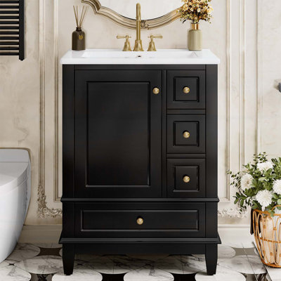 Meuble-lavabo autoportant avec plateau, tiroirs et tablettes en céramique, parfait pour les petites salles de bain