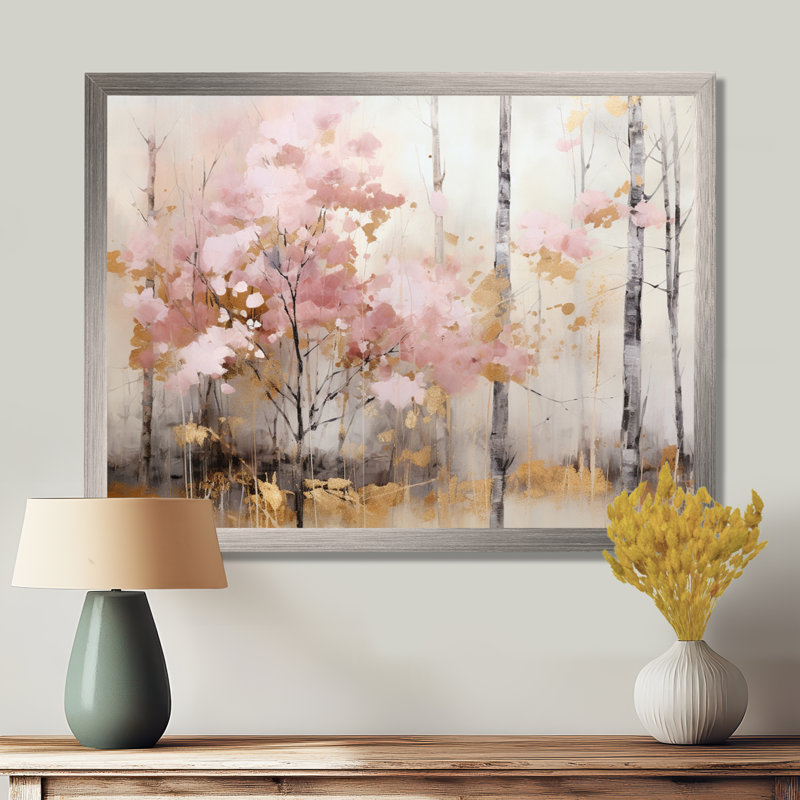 «Minimalisme rose et forêt dorée», reproduction sur toile, Cadre simple argenté, H 24 po x l 32 po x P 1 po
