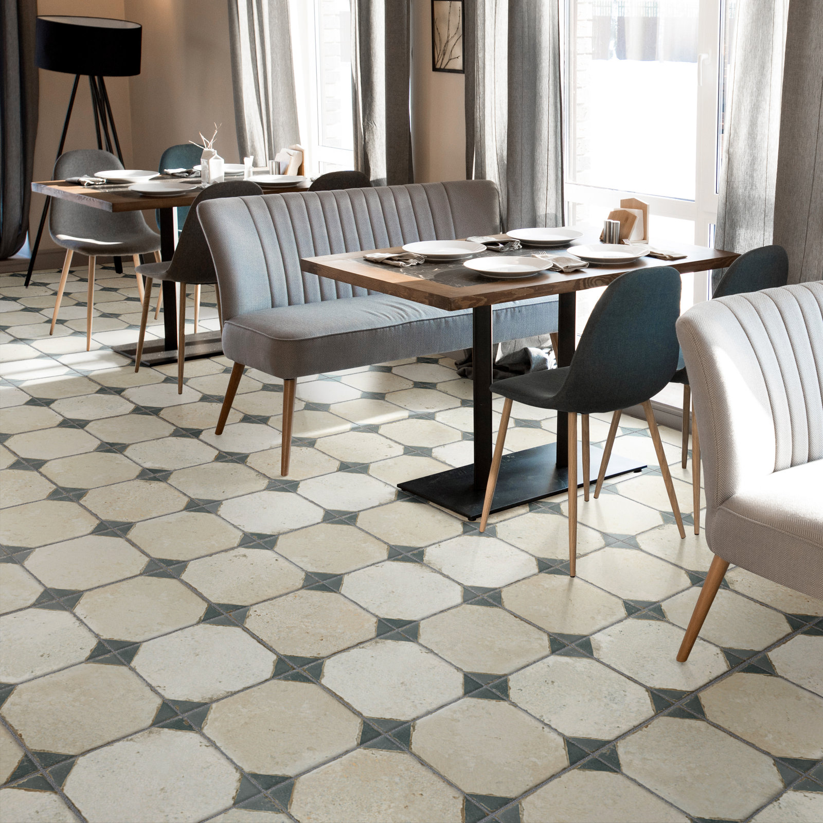 Kings Yard 18" x 18" Ceramic Patterned Wall & Floor Tile, Beige/Blue