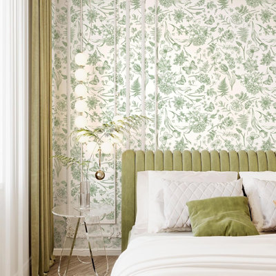 Papier peint adhésif floral vert, papier peint amovible auto-adhésif 17,3 po x 393 po, rouleau de vinyle imperméable avec motif papillon boho pour chambre à coucher, doublure de tablette et décoration intérieure