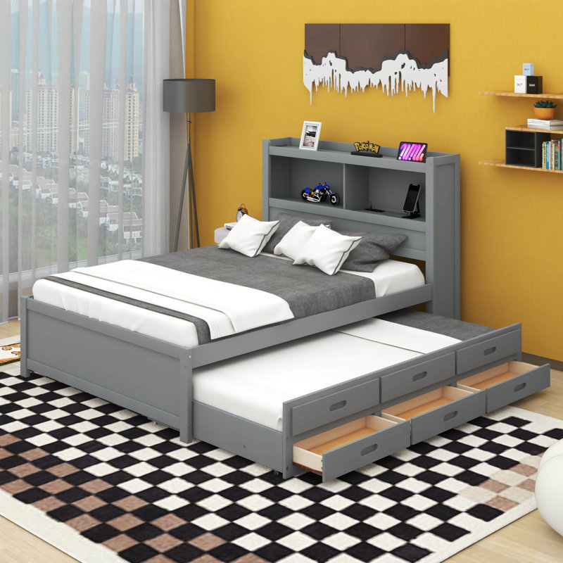 Bookcase Full Size Bed with Trundle, Drawers and USB Plugs, Gray
