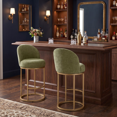 Sculptural Swivel Bar Stool With Gold Metal Base And Cushioned Chenille Seat
