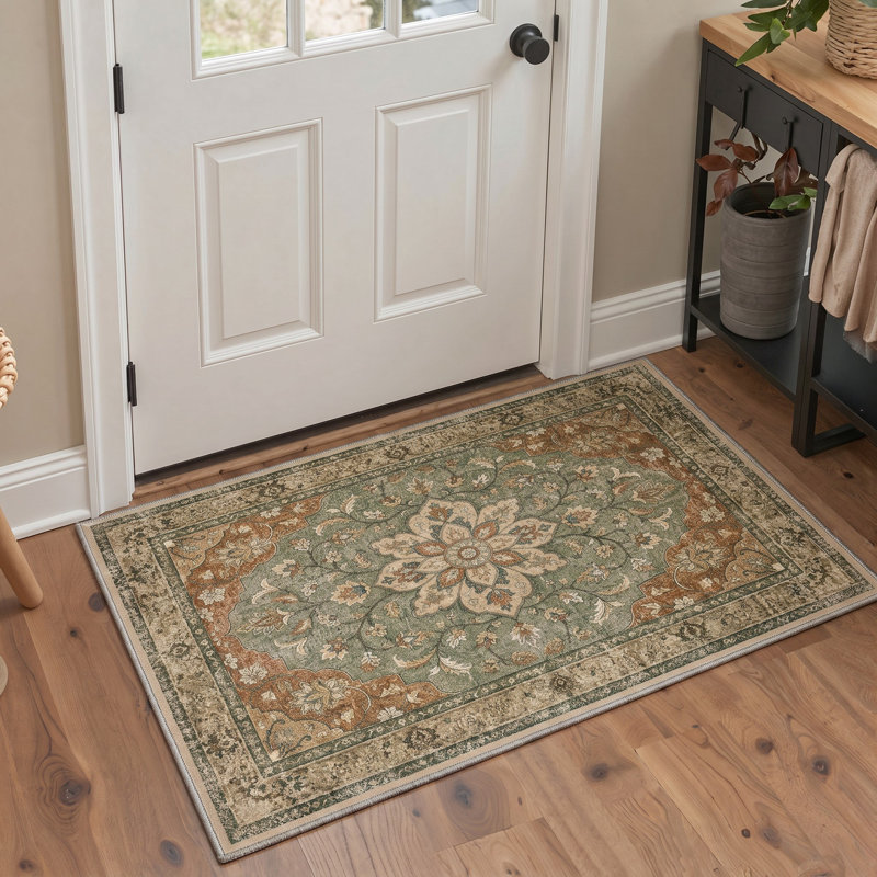 Paillasson oriental traditionnel vert/brun à poils courts, lavable et antidérapant, Rectangle 2' x 3'