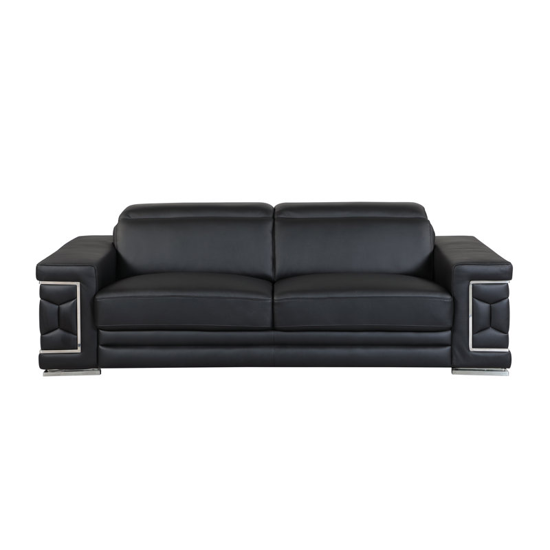 Canapé en cuir italien Aiesrom, Cuir véritable noir, H 38 po x l 89 po x P 41 po