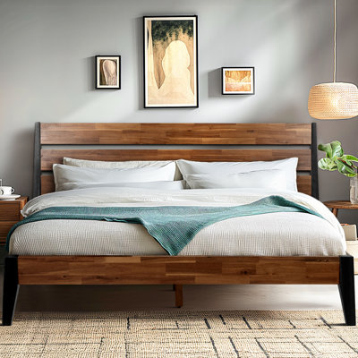 Acacia Christoper Premium Solid Wood Bed Frame, Platform Bed with Headboard Included, Mid century Modern Wood Bed, No Box Spring Needed, Fits All Mattresses