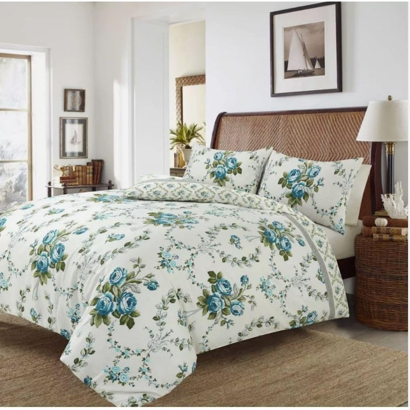 NZ Flannel Floral Duvet Cover Set with Pillowcases, King, Teal