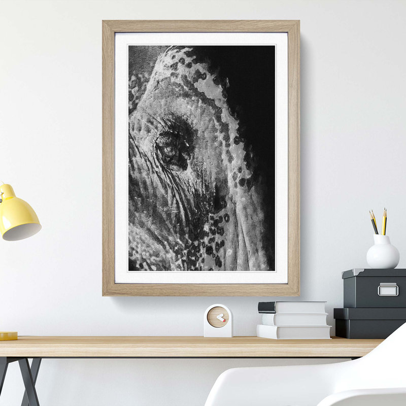 Watchful Elephant - Framed Print, 65cm H x 48cm W x 2cm D, Oak Framed
