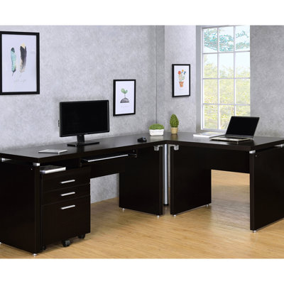 Bureau d'ordinateur en forme de L couleur cappuccino avec caisson de rangement - Stabilité accrue, style moderne, quincaillerie argentée, stabilité