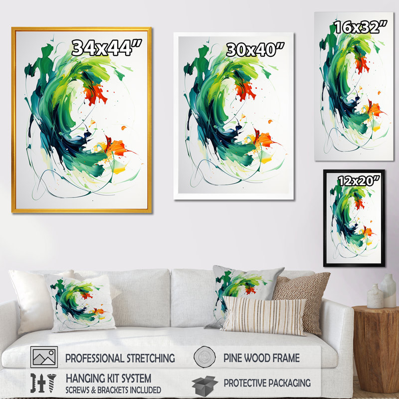 «Green and White Abstract Expression Peinture I», art mural abstrait, Toile tendue, H 44 po x l 34 po x P 1,5 po