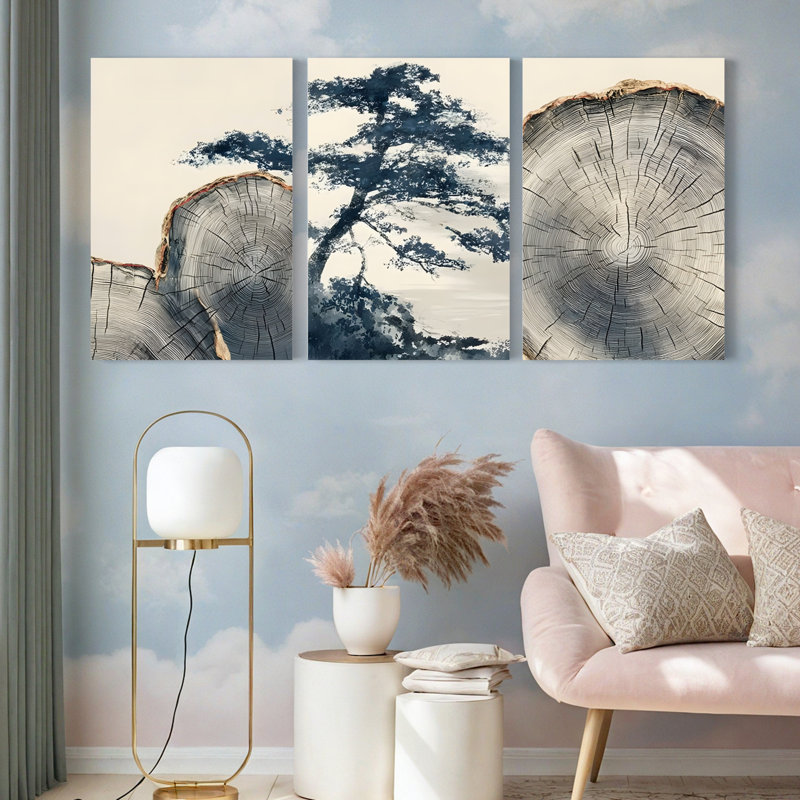 «Tree Slice and Silhouette», reproduction d'art moderne sur toile tendue sur toile (ensemble de 3), H 18 po x l 36 po