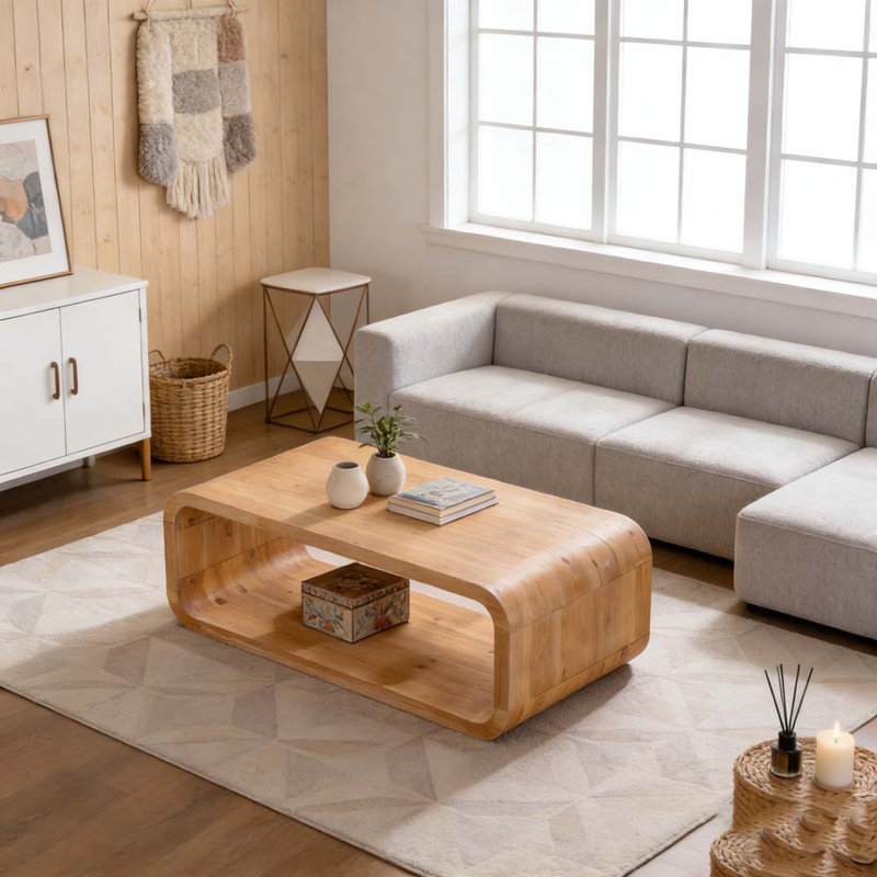 Modern Open-Frame Elegant Curved Light Wood Coffee Table, Natural