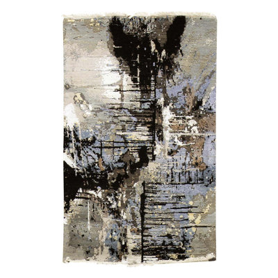 Tapis noir / gris / bleu noué à la main de conception unique 3 pi x 5 pi