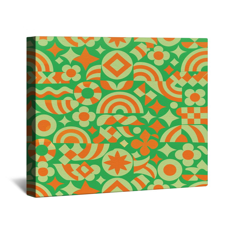 Toile tendue à motif géométrique vert et orange avec plusieurs formats, 16 x 16 inches