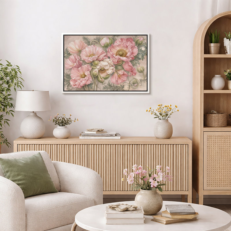 «Blush Pink Poppy», impression botanique sur toile, Cadre flottant blanc, H 24 po x l 36 po