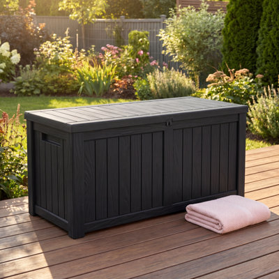 150 Gallon Resin Deck Box, Weatherproof Storage with Hydraulic Lid, Lockable, 550 lbs Support, Patio Seat & Side Table for Cushions, Garden & Pool Supplies
