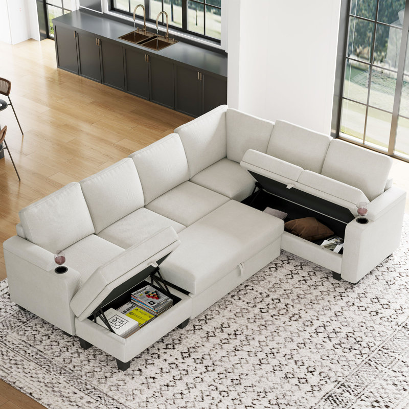 Penelopa Chenille U-Shaped Sofa Bed Storage Modular Sofa Bed With Ottoman & Cup Holder, Beige Chenille