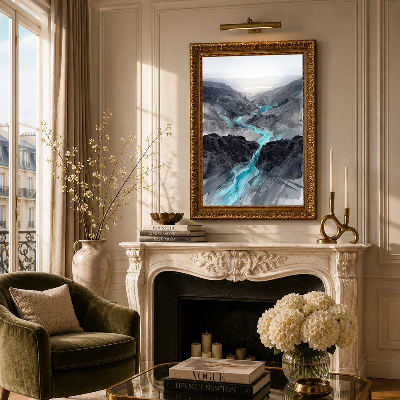«Turquoise River Winding Through Gray Rocky Canyon», art mural, 30"H x 20"W