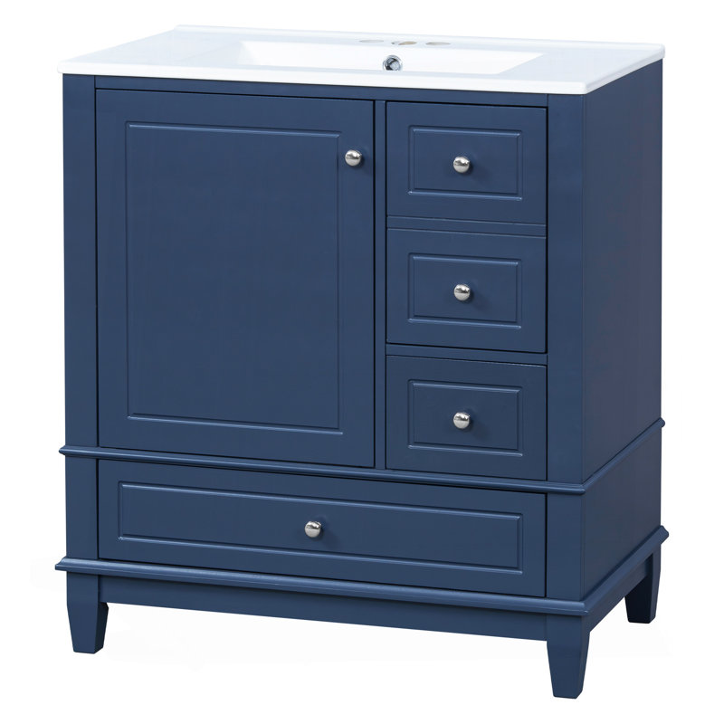 Meuble-lavabo 30 po avec lavabo, une porte avec tablette et trois tiroirs, porte à fermeture douce, bleu, Bleu