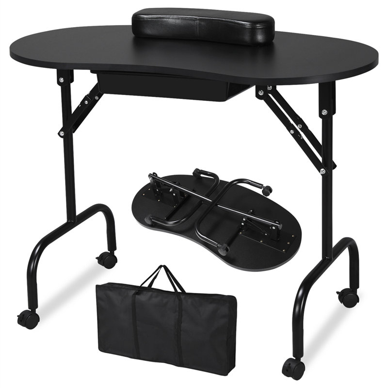 Folding Manicure Table with Lockable Wheels and Bag, Black