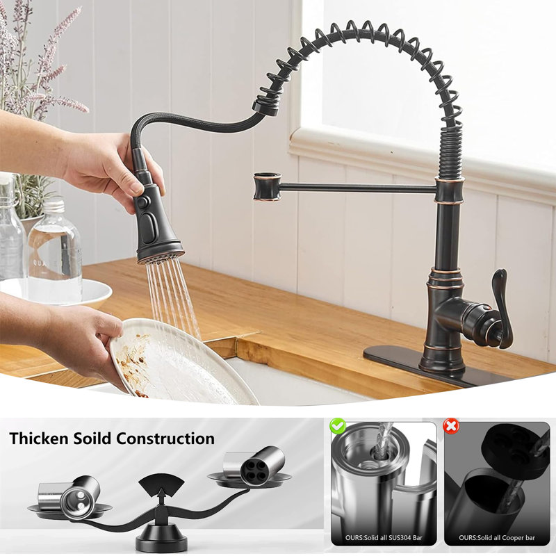 Kitchen Sink Faucet With Deck, High Arc Single Handle Pull-Down Sprayer, Three Spray Modes Kitchen Faucet, Oil Rubbed Bronze