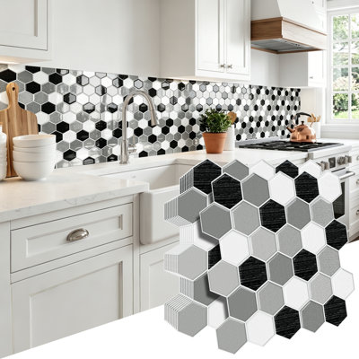 11.8" W × 11.8" D Black White Grey Hexagon Peel and Stick Backsplash Tile Self-Adhesive Vinyl Wall Tiles for Kitchen, Bathroom Backsplash, RV, Home Decor