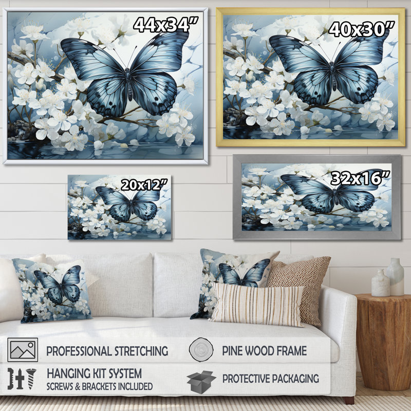 Bertena, bleu, blanc, papillon, reflet - art mural papillon, Reproduction avec cadre flottant, H 24 po x l 32 po