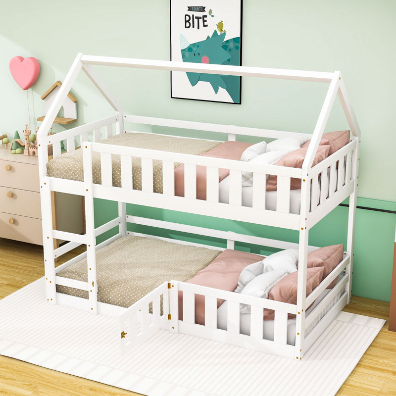 Twin Over Twin House-Shaped Bunk Bed With Fence And Door, White
