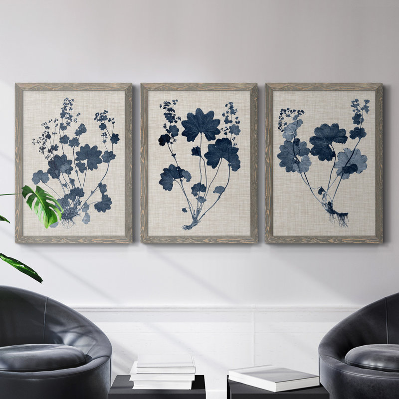 Bleu marine et feuilles de lin II - ensemble de 3 peintures sur toile encadrées, H 31,5 po x l 47 po x P 1,5 po, Gris