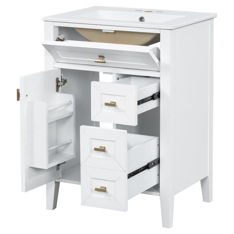Ensemble de meuble-lavabo moderne 24 po avec lavabo, armoire de rangement en bois d'hévéa massif avec 2 tiroirs et support de porte à 2 niveaux