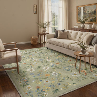 Cogswell Botanica Floral Machine Washable Green / White / Blue Indoor Area Rug with Non-Slip Backing