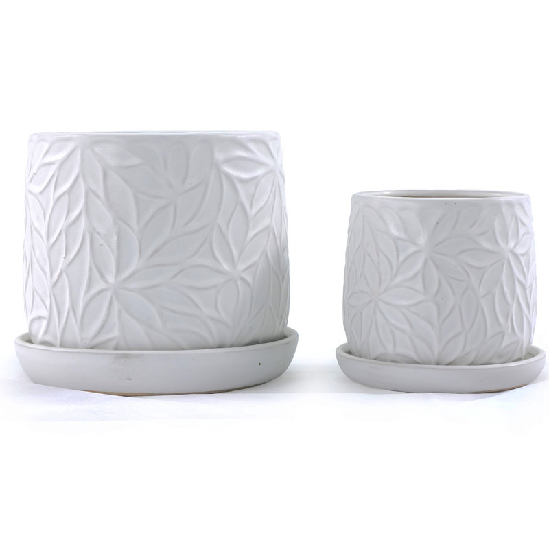2 pots de fleurs en céramique faits à la main avec soucoupe, ensemble de pots de fleurs à rayures rondes avec trous de drainage, pot de fleurs pour plantes de jardin, plantes d'intérieur, blanc