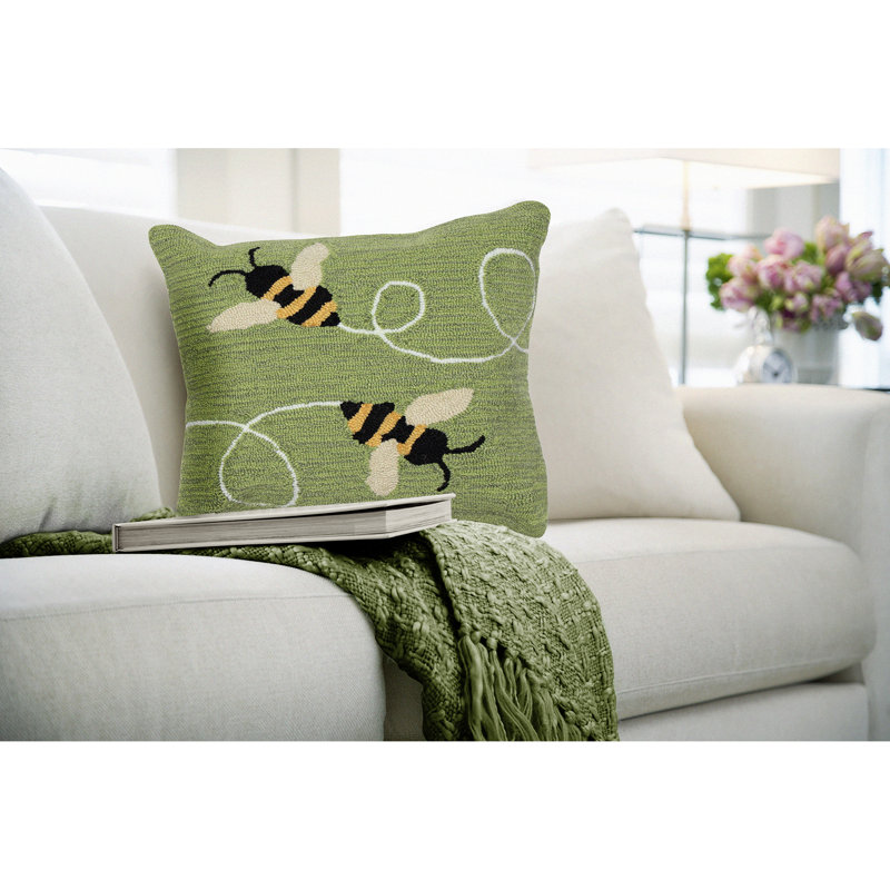 Green Hand Hooked Square Indoor/Outdoor Pillow with Bees