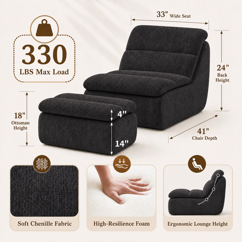 33"Compression Chenille Memory Foam Accent Chair And Ottoman Set - Armless  Frameless Lounger Sofa with Deep Seat No Assembly Required