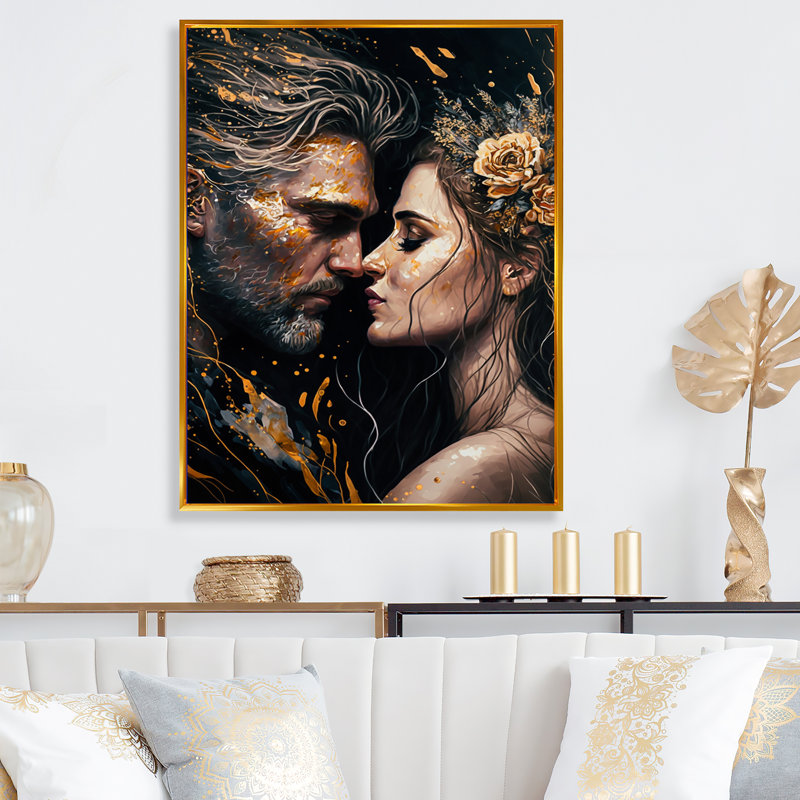 «Black and Gold Couple Kissing Art II», art mural traditionnel sur toile, L 30 po x H 40 po, Cadre flottant doré