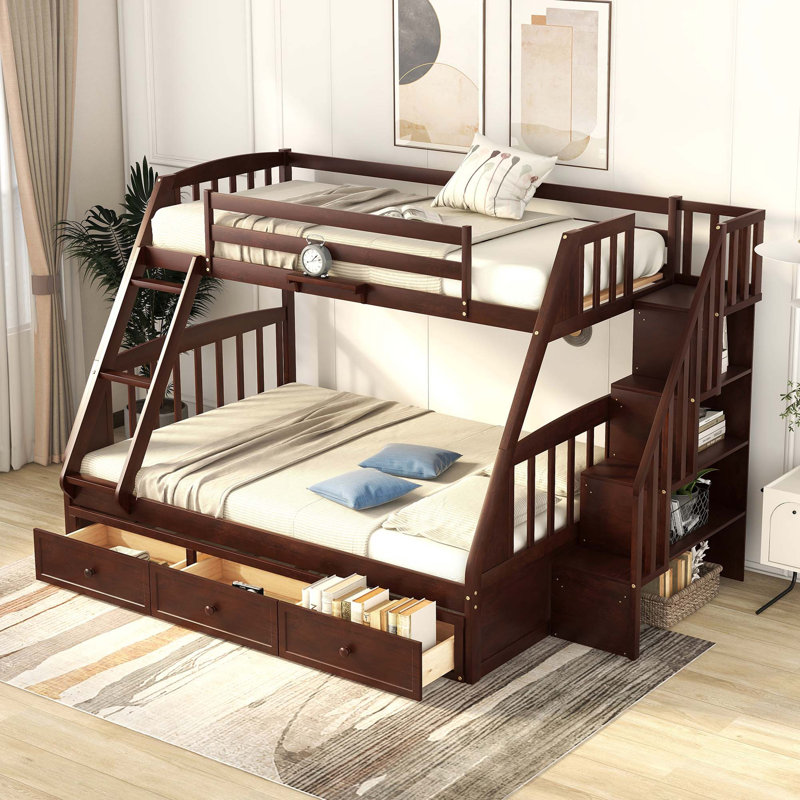 Lit superposé avec tiroirs, échelle et escalier de rangement, Espresso