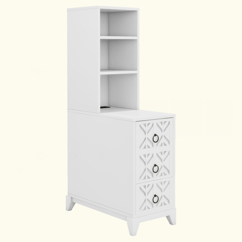 End Table With 3 Drawers, Corner Table With 2 Open Shelves, Tall Side Table For Bedroom And Corner, White