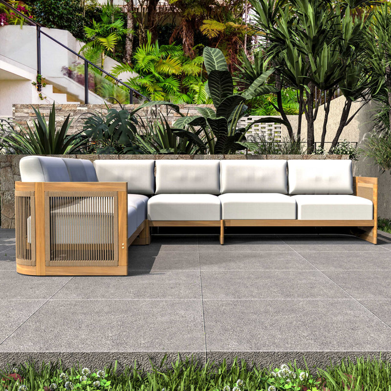 Ensemble de canapé modulaire en L 5 pièces en acacia massif avec coussins en L