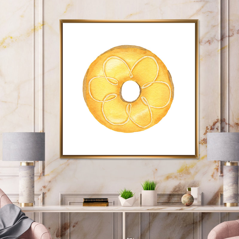 Donut jaune sur blanc - peinture sur toile, H 17 po x l 17 po x P 1 po, Cadre doré