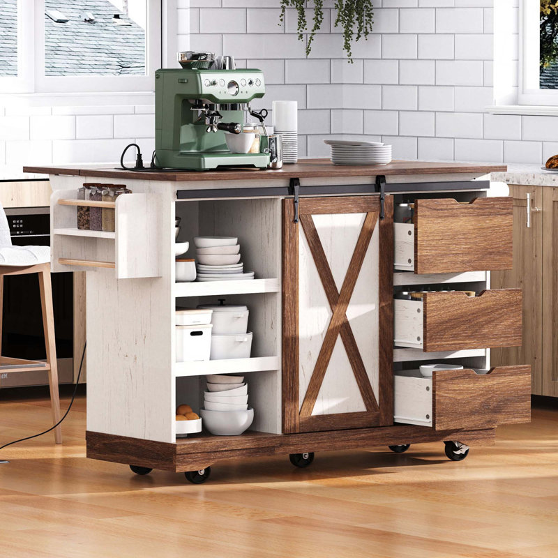 55.5" Farmhouse Kitchen Island With Drop Leaf, Power Outlet, Spice Rack & Barn Door, White